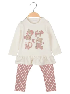 Pink Girl Completo 2 pezzi da neonata con maglietta orsacchiotti e leggings a fiori - panna