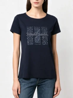 Renato Balestra T-shirt girocollo da donna in cotone con stampa e brillantini - blu scuro