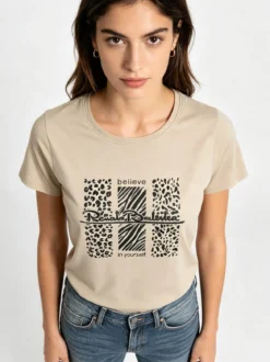 Renato Balestra T-shirt girocollo da donna in cotone con stampa e brillantini - sabbia