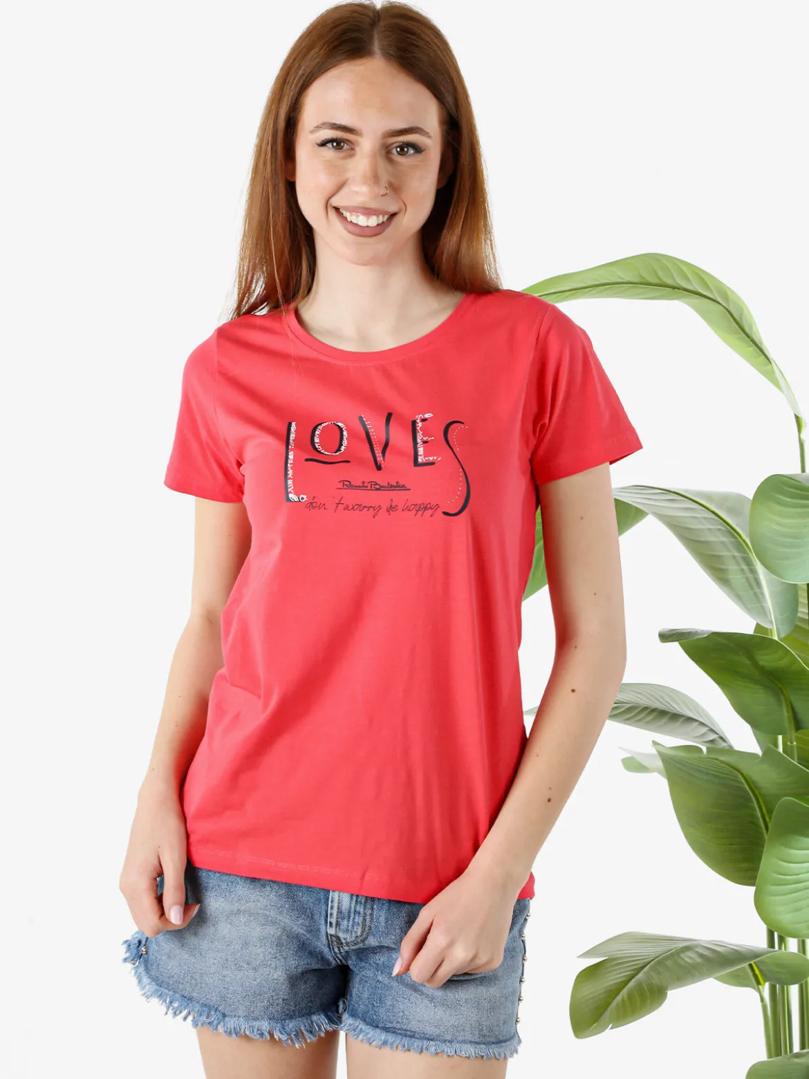 Renato Balestra T-shirt girocollo da donna in cotone con stampa - fragola