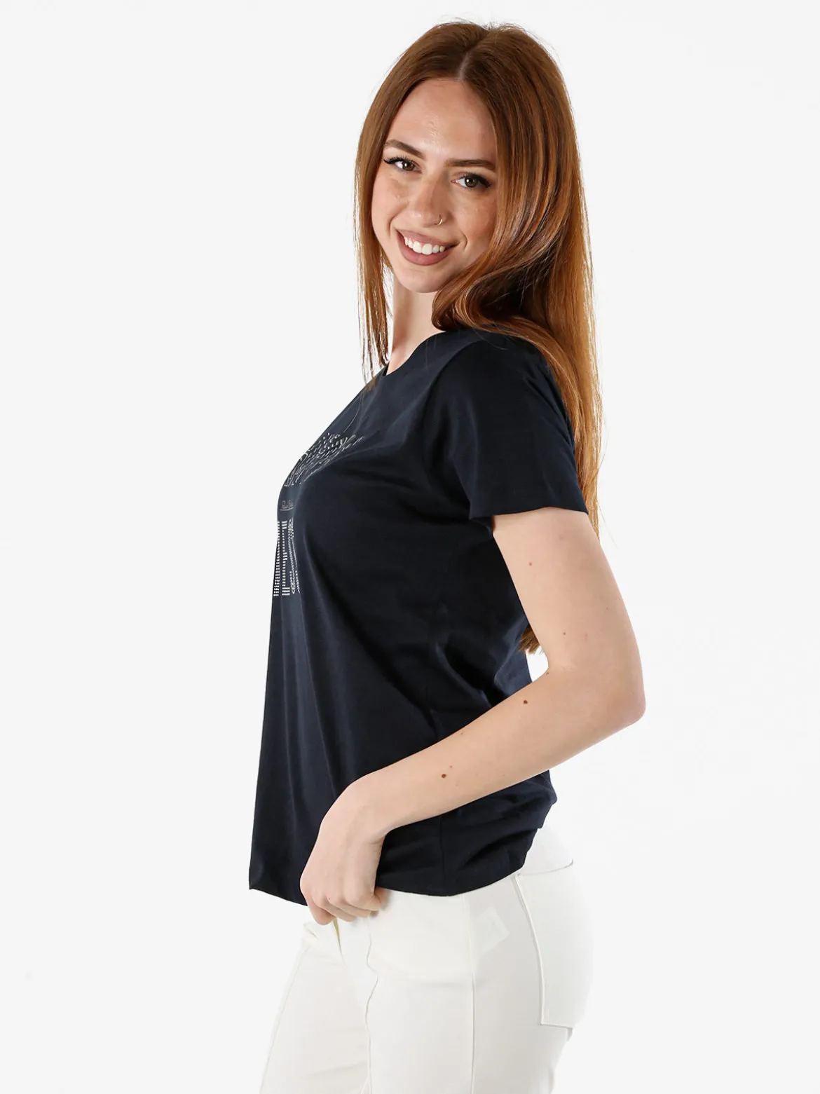 Renato Balestra T-shirt girocollo da donna in cotone con strass e dettagli lurex - blu scuro