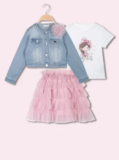 Re Panda Completo da bambina 3 pezzi con gonna a balze e giacca in jeans