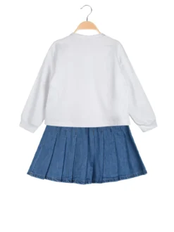 Re Panda Completo 2 pezzi da bambina con felpa oversize e gonna in jeans - bianco