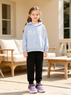 Re Panda Completo tuta 3 pezzi da bambina con cappuccio e zip - azzurro