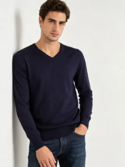 Rifle Pullover uomo scollo V in maglia misto lana - blu scuro