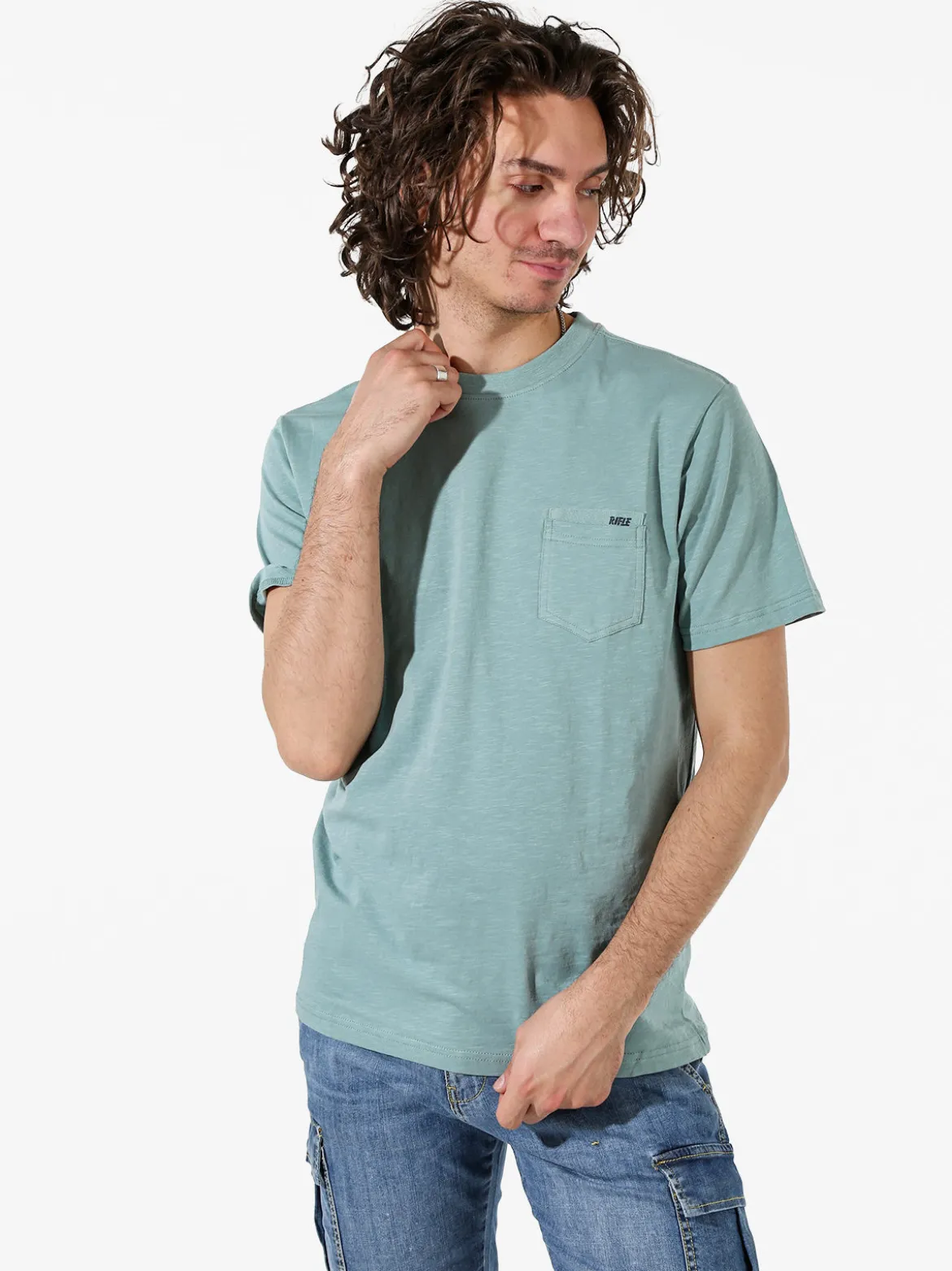Rifle T-shirt da uomo in cotone con taschino - acqua marina