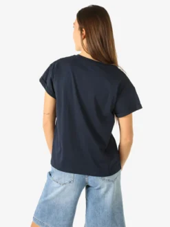 Rifle T-shirt girocollo da donna in cotone con stampa e strass - blu scuro
