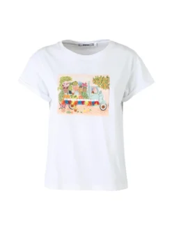 Rifle T-shirt girocollo da donna in cotone con stampe e strass - bianco