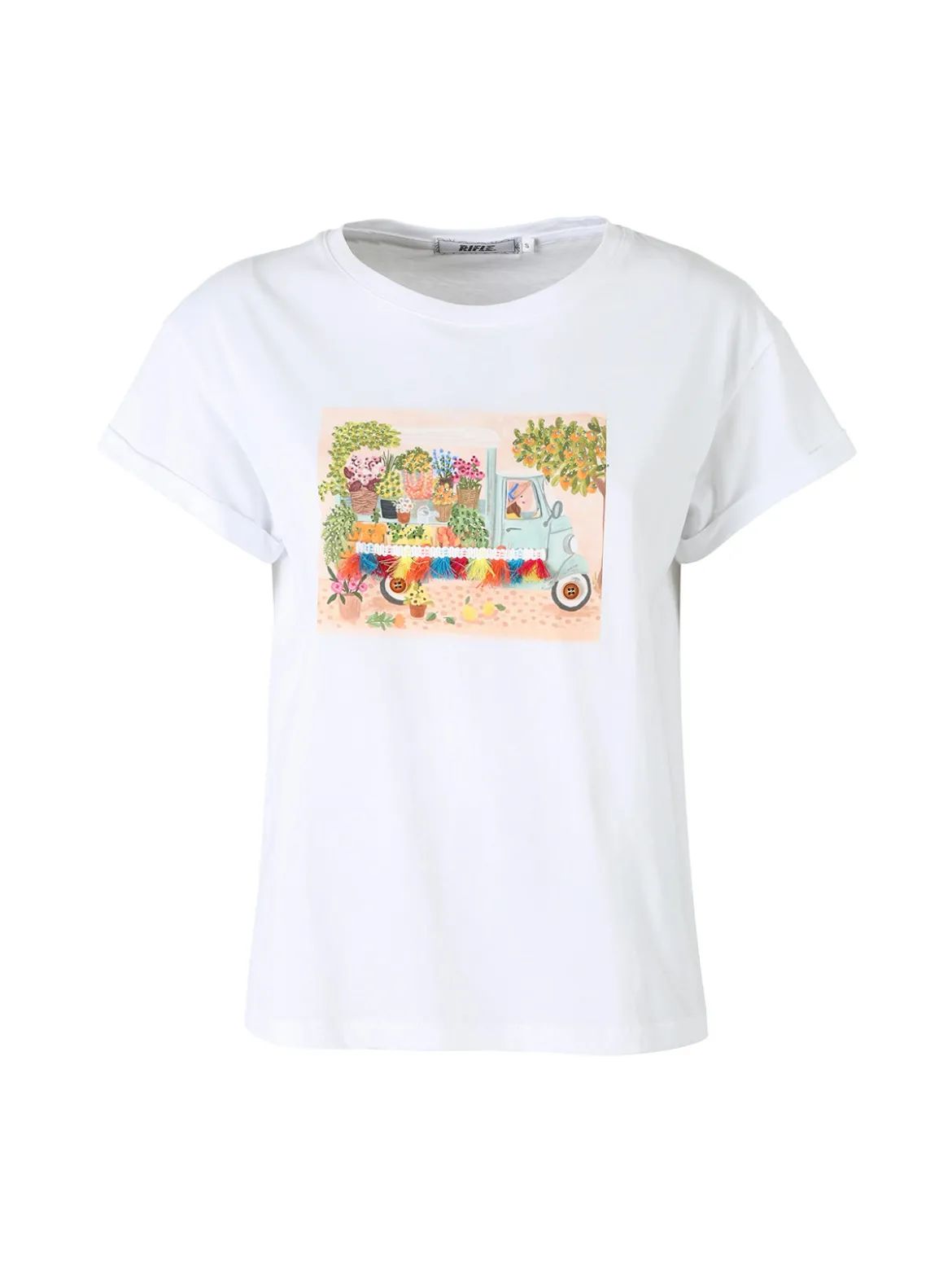 Rifle T-shirt girocollo da donna in cotone con stampe e strass - bianco