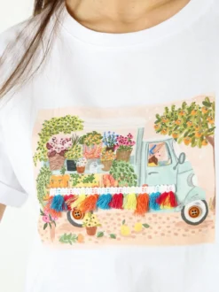Rifle T-shirt girocollo da donna in cotone con stampe e strass - bianco