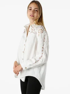 Rossamiss Camicia donna a maniche lunghe con dettagli in pizzo macramè - bianco