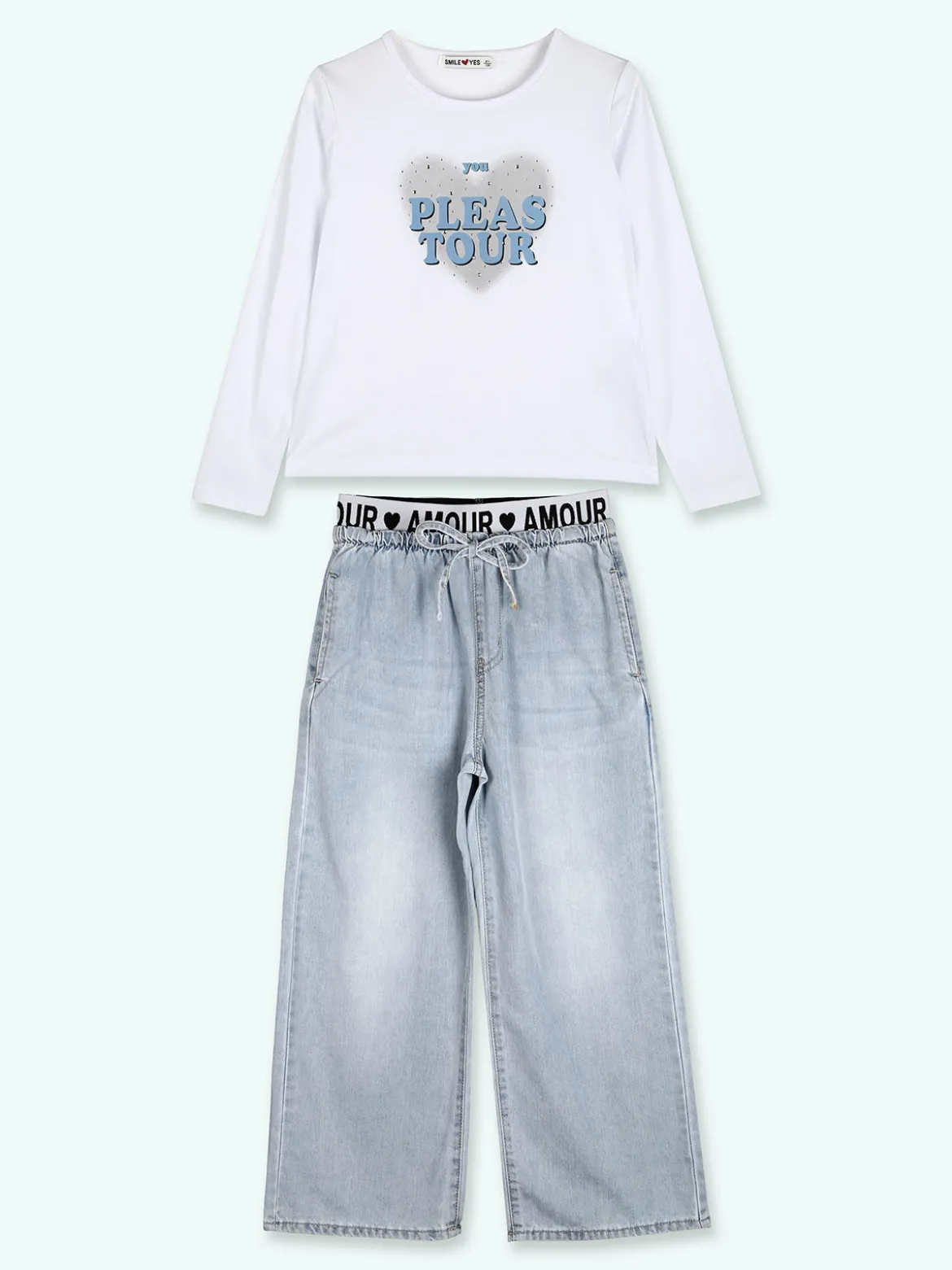 Smile Yes Completo 2 pezzi da bambina con t-shirt e jeans a gamba larga - azzurro