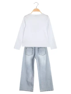 Smile Yes Completo 2 pezzi da bambina con t-shirt e jeans a gamba larga - azzurro