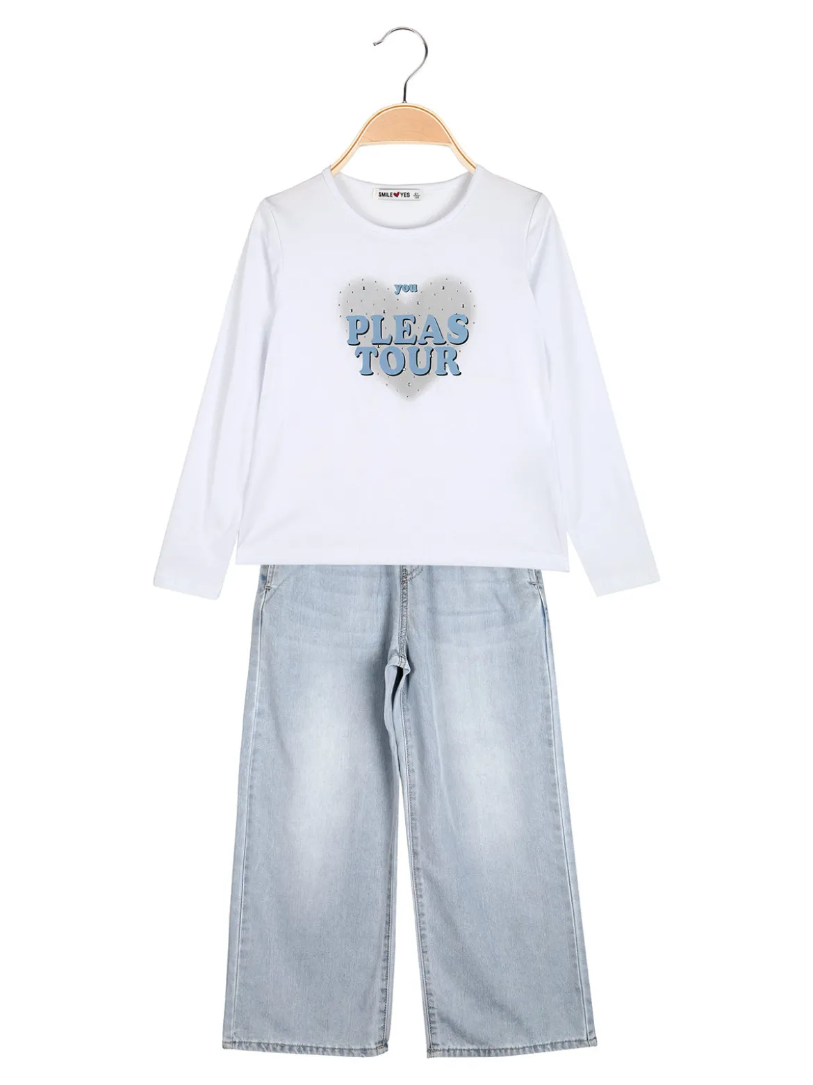 Smile Yes Completo 2 pezzi da bambina con t-shirt e jeans a gamba larga - azzurro