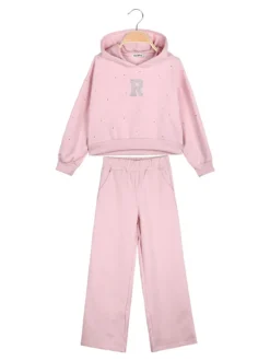 Smile Yes Completo tuta 2 pezzi con cappuccio e strass a gamba larga - rosa