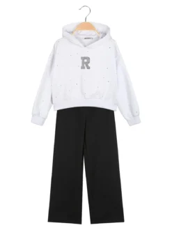 Smile Yes Completo tuta 2 pezzi con cappuccio e strass a gamba larga - bianco