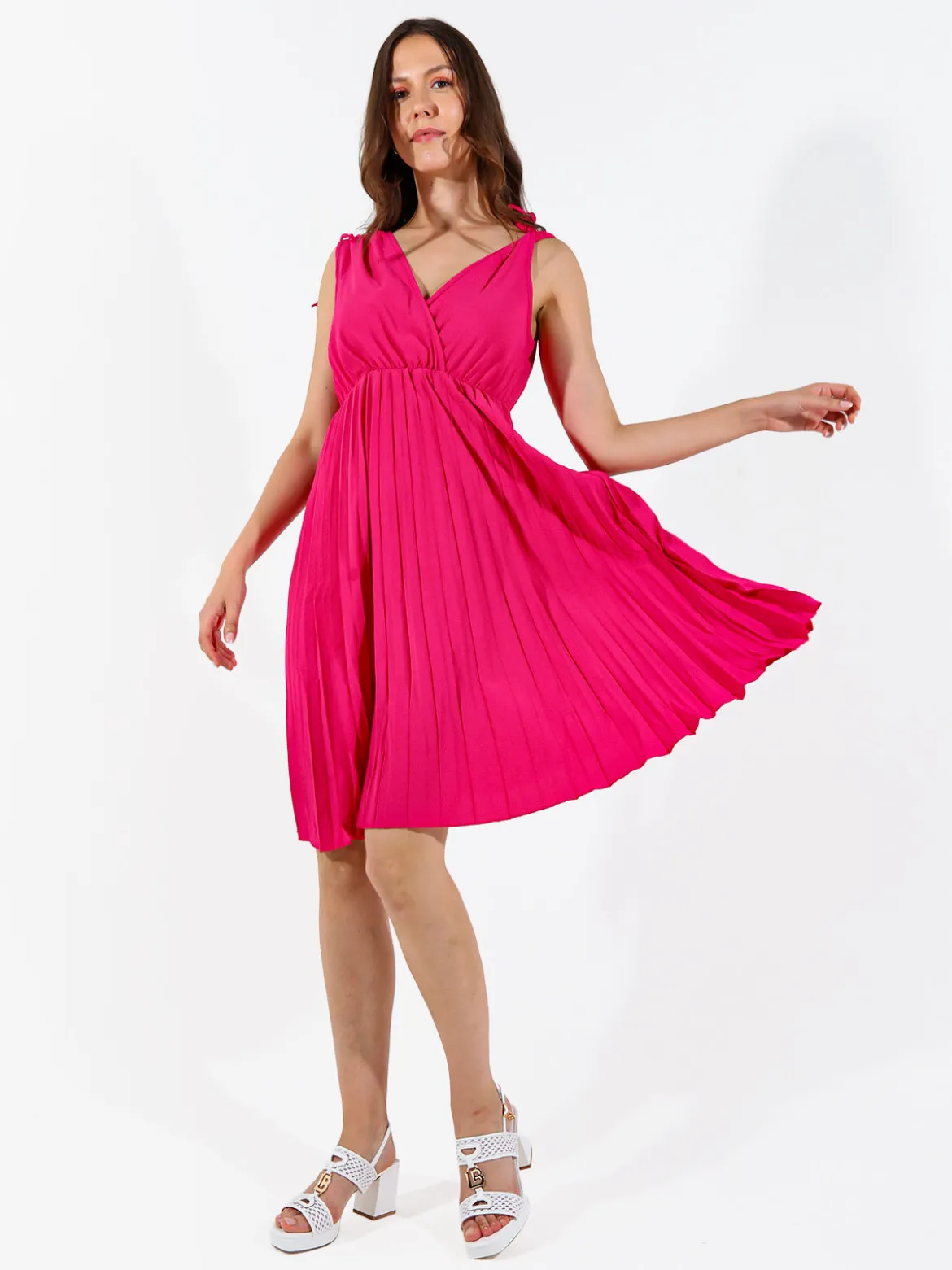 Solada Abito donna a spalla larga con gonna plissettata - fucsia