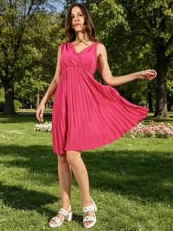 Solada Abito donna a spalla larga con gonna plissettata - fucsia