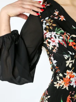 Solada Abito donna floreale con scollo a V e maniche lunghe velate - nero