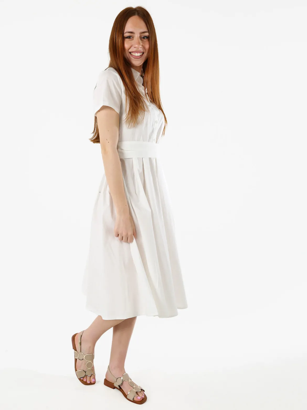 Solada Abito donna in cotone a maniche corte con bottoni sullo scollo - bianco
