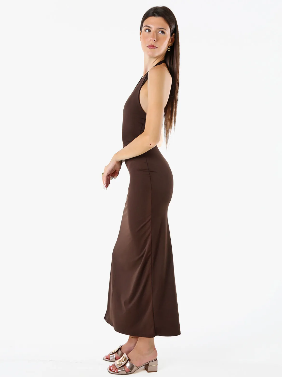 Solada Abito elegante da donna con spalle scoperte e spacco laterale - moro