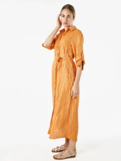 Solada Abito lungo a camicia con maniche lunghe e stampa a righe - arancione