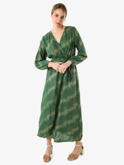 Solada Abito lungo da donna a maniche lunghe con stampa a righe dorate - verde