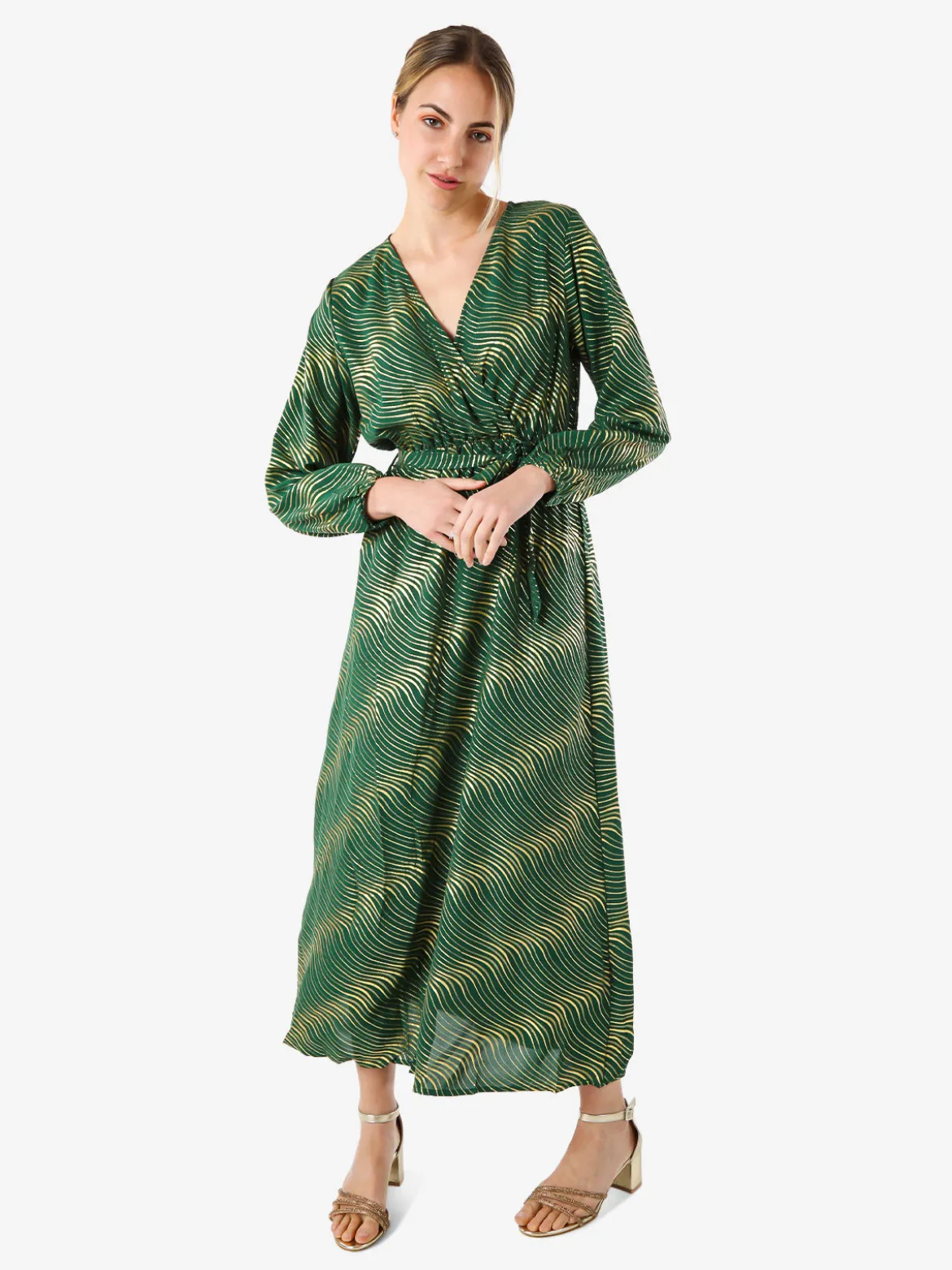 Solada Abito lungo da donna a maniche lunghe con stampa a righe dorate - verde