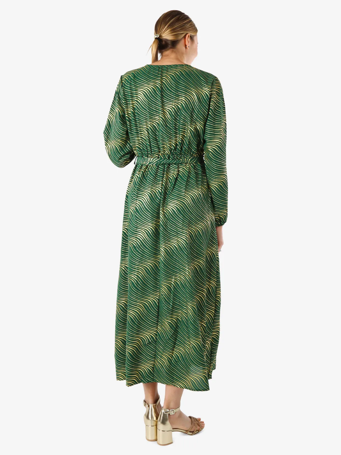 Solada Abito lungo da donna a maniche lunghe con stampa a righe dorate - verde