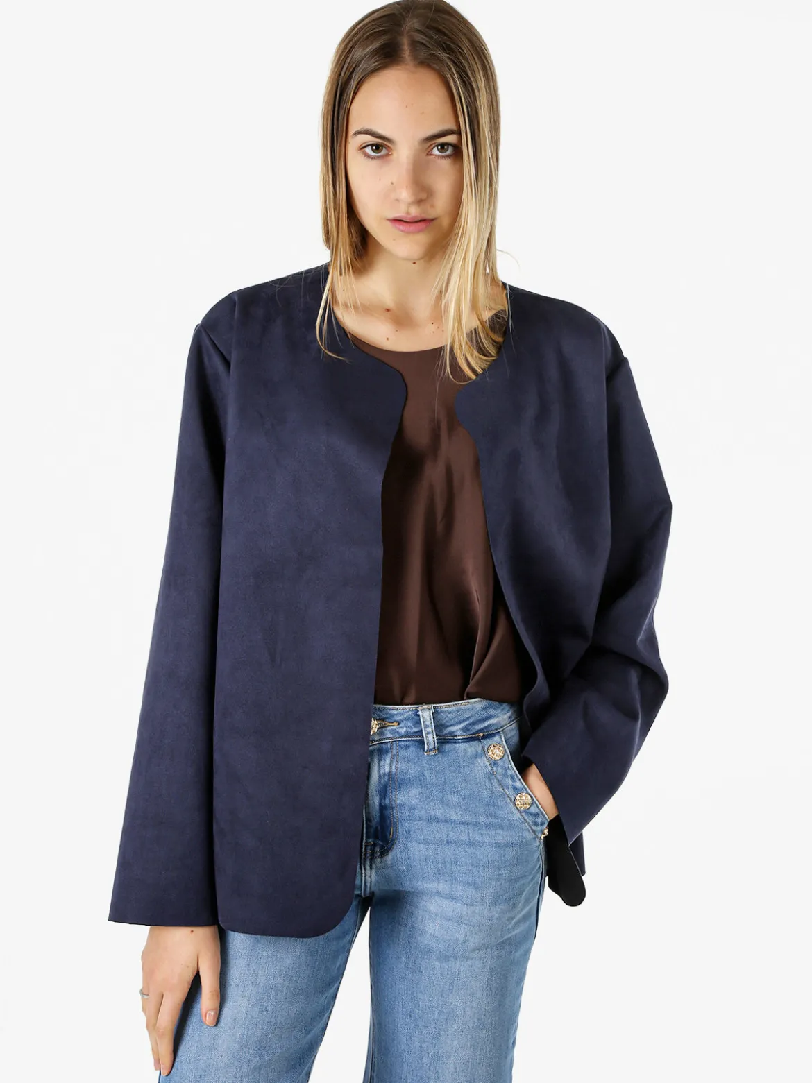 Solada Blazer donna aperto oversize in tessuto soft scamosciato - blu scuro