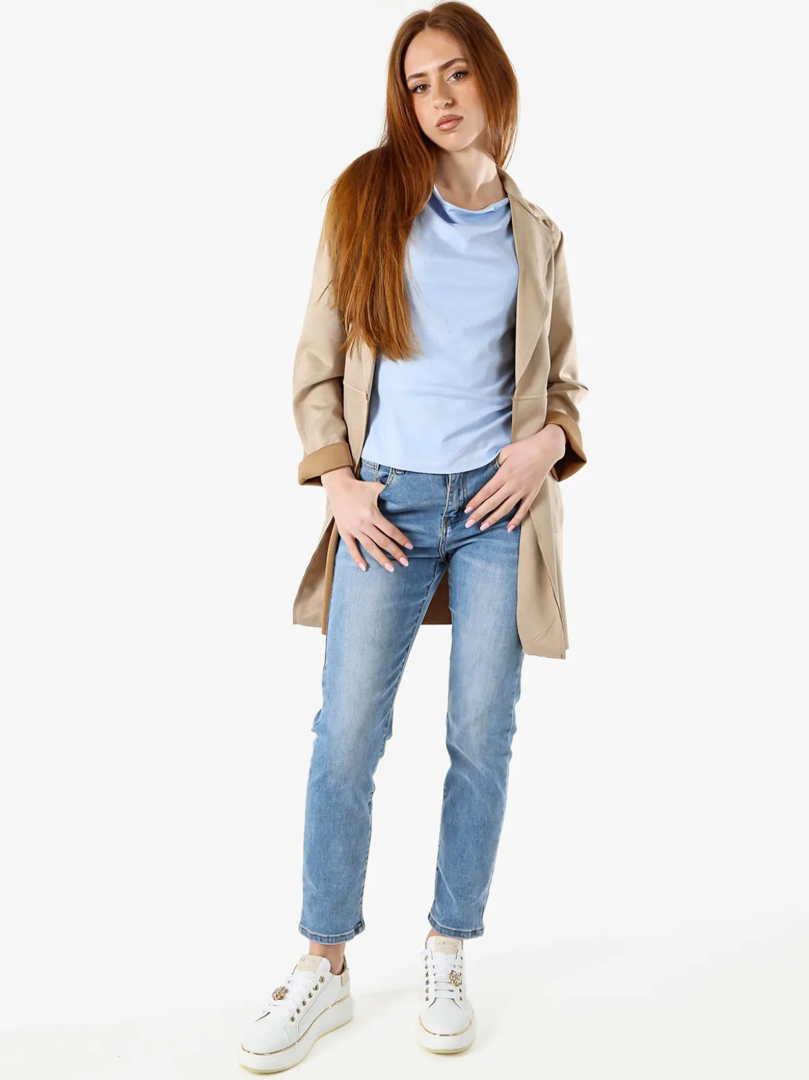 Solada Blazer donna lungo in tessuto scamosciato senza chiusura - cammello