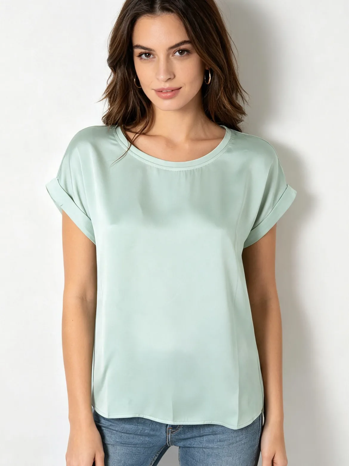 Solada Blusa da donna a maniche corte con parte davanti effetto raso - acqua marina
