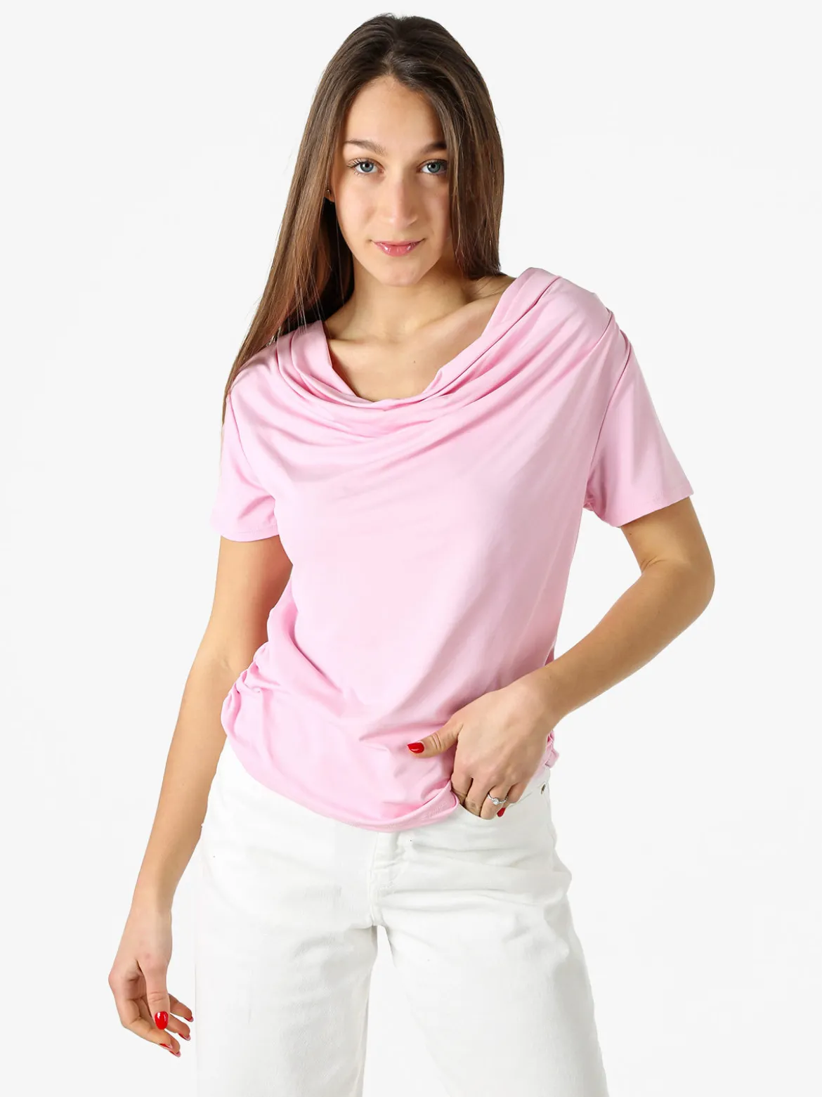 Solada Blusa donna a maniche corte con scollo a cascata - rosa