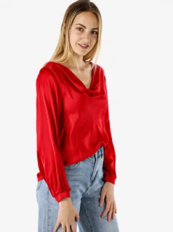 Solada Blusa donna a maniche lunghe in tessuto simil raso con scollo a cascata - rosso