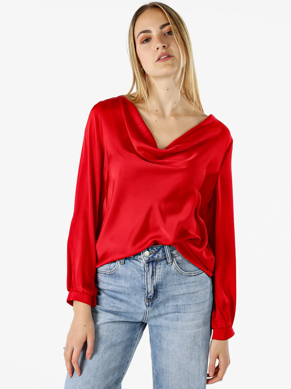 Solada Blusa donna a maniche lunghe in tessuto simil raso con scollo a cascata - rosso