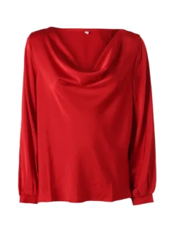Solada Blusa donna a maniche lunghe in tessuto simil raso con scollo a cascata - rosso