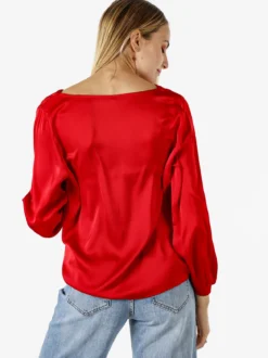 Solada Blusa donna a maniche lunghe in tessuto simil raso con scollo a cascata - rosso