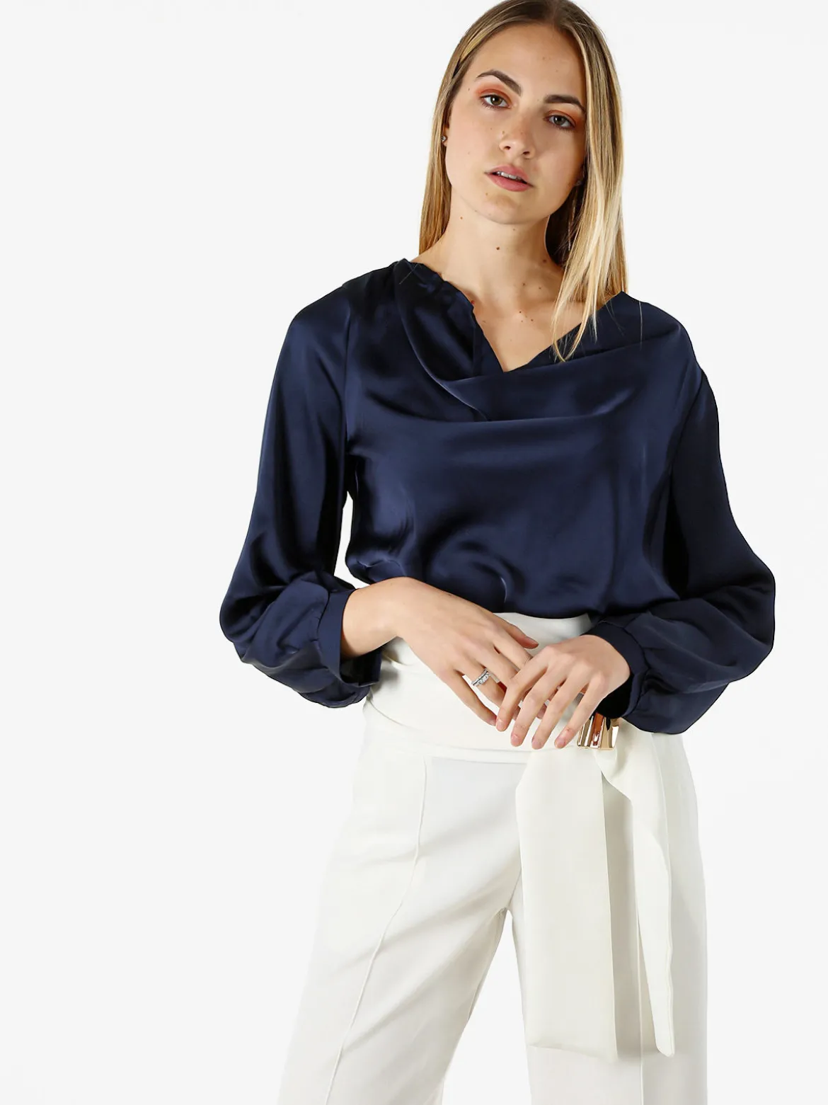 Solada Blusa donna a maniche lunghe in tessuto simil raso con scollo a cascata - blu scuro