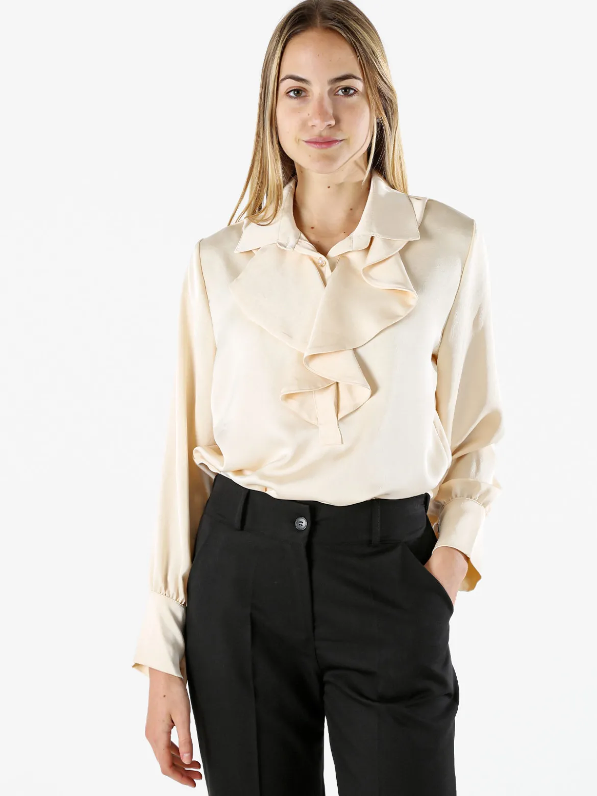 Solada Blusa donna con bottoni di perle e volant sullo scollo - beige