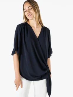 Solada Blusa donna elegante a maniche corte annodata sul fondo - blu scuro