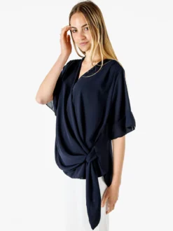 Solada Blusa donna elegante a maniche corte annodata sul fondo - blu scuro
