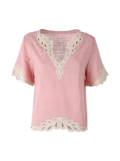Solada Blusa donna in misto lino e cotone a maniche corte con ricami - rosa