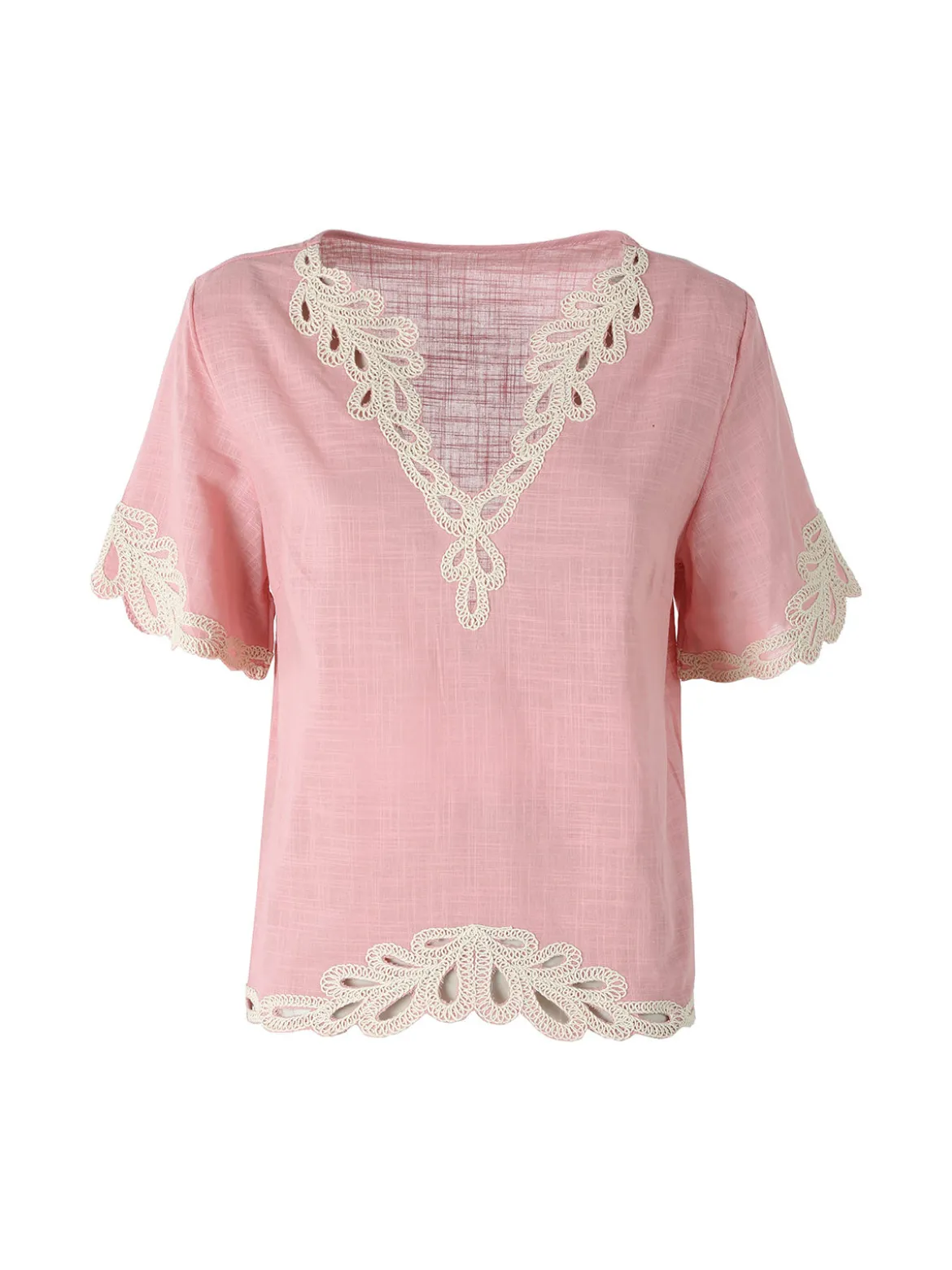 Solada Blusa donna in misto lino e cotone a maniche corte con ricami - rosa
