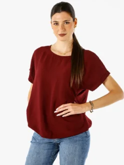 Solada Blusa donna in viscosa a maniche corte con bottoni decorati sul retro - bordeaux