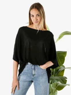 Solada Blusa donna in viscosa con maniche corte a pipistrello - nero
