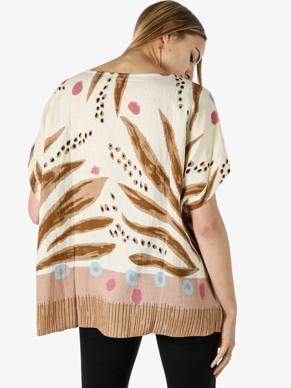 Solada Blusa donna maniche corte con stampe e micro borchie - khaki