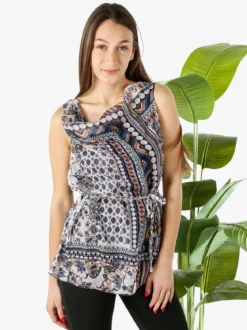 Solada Blusa donna smanicata con scollo a cascata e stampe - blu scuro