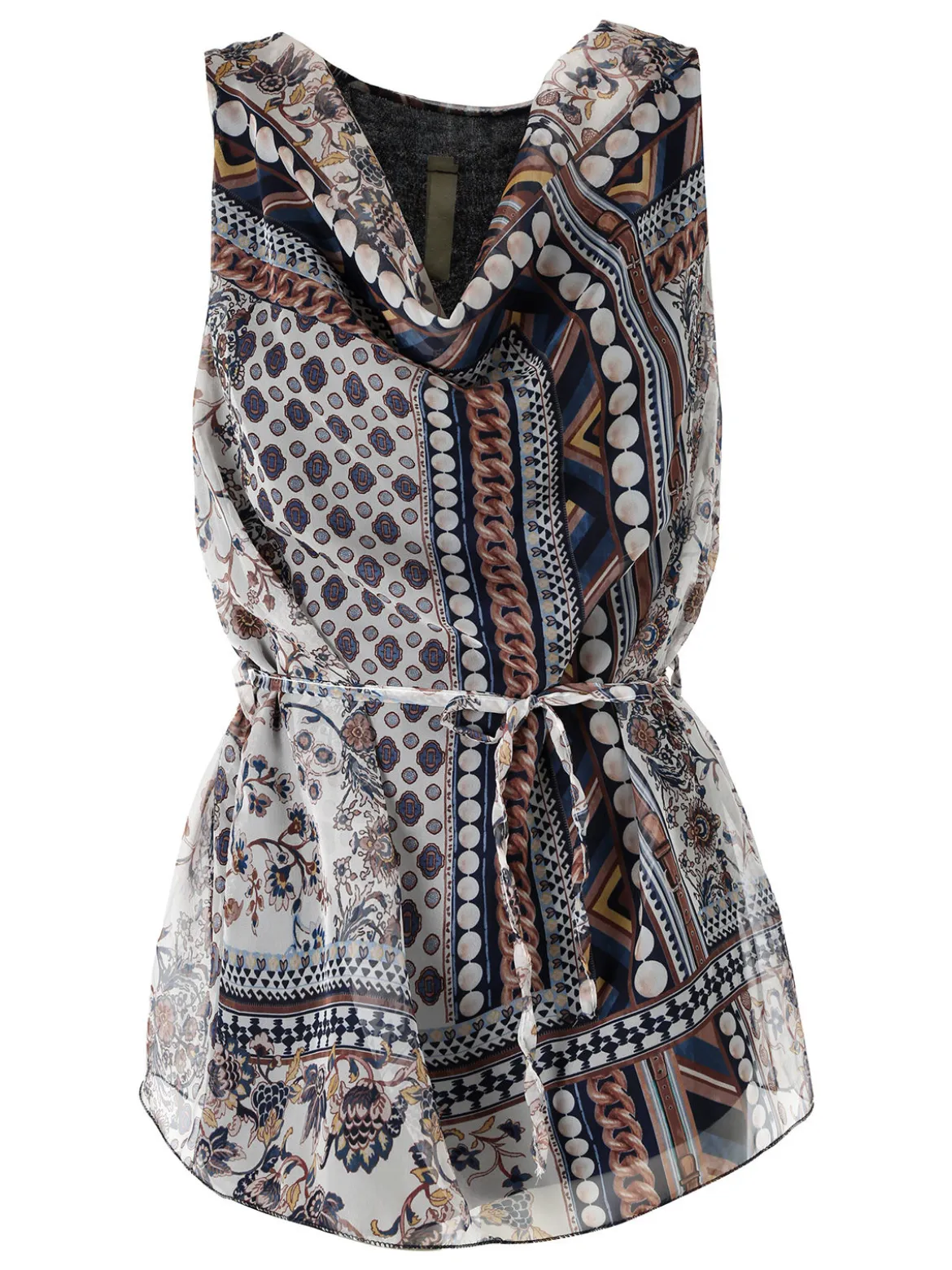 Solada Blusa donna smanicata con scollo a cascata e stampe - blu scuro