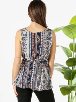 Solada Blusa donna smanicata con scollo a cascata e stampe - blu scuro
