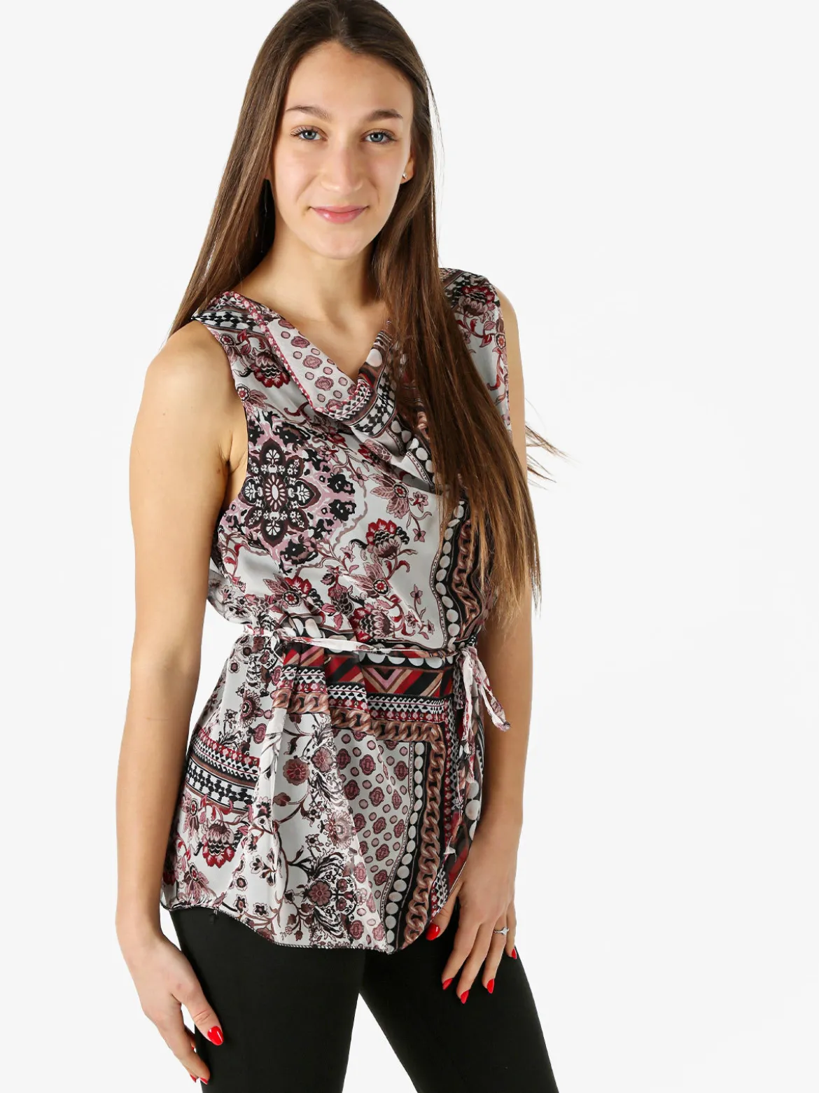 Solada Blusa donna smanicata con scollo a cascata e stampe - nero